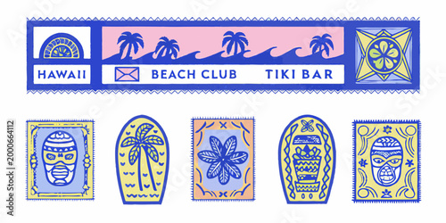hawaiian beach club stamps with colorful tropical designs on white background high quality professional detailed