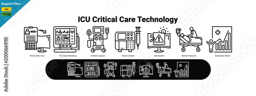 ICU Critical Care Technology Icon Set with Patient Monitoring, Life Support and Emergency Medical System Illustration. outiline icon set
