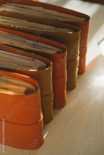 Row of leather books on a shelf, close-up view with warm lighting highlighting spines and texture, inviting reading and literary exploration.