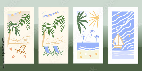 four minimalist summer themed cards with palm trees beach chairs and sailboat high quality professional
