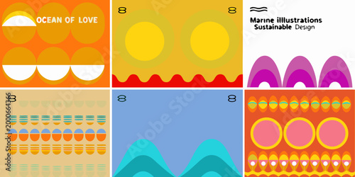 colorful geometric patterns with ocean of love text and marine illustrations high quality professional detailed