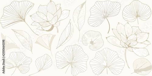 botanical elements with delicate flowers and leaves on cream background