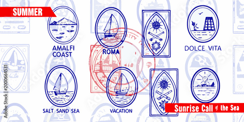 summer themed italian holiday icons with blue and red accents high quality professional detailed modern