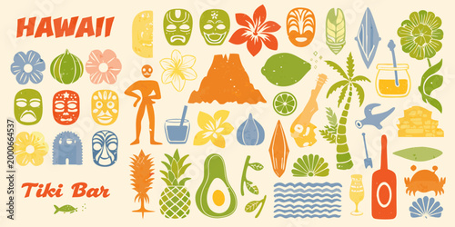 hawaiian themed icons with colorful tropical elements and tiki masks high quality professional detailed modern
