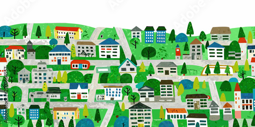 colorful village illustration with diverse houses and greenery on white background high quality professional detailed