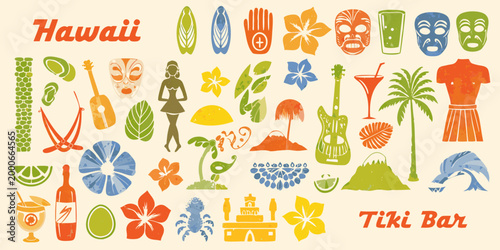 hawaiian themed icons with colorful tropical symbols and tiki bar elements high quality professional detailed