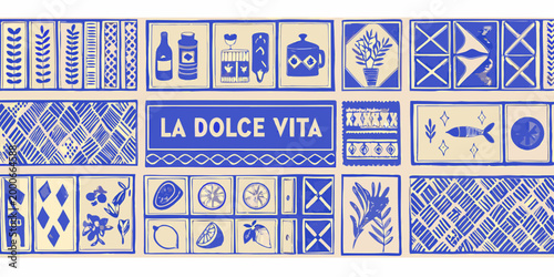 italian culinary culture pattern with blue and beige illustrations high quality professional detailed modern elegant
