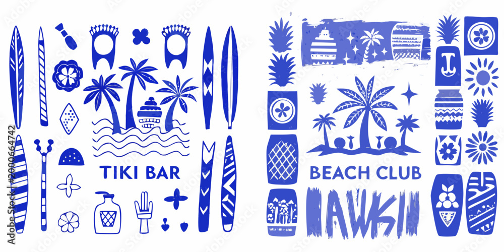 Fototapeta premium tropical beach elements in blue vector illustration on white background high quality professional detailed modern