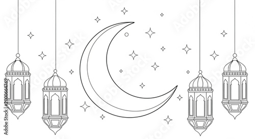 Ramadan crescent moon and hanging lanterns line art vector illustration with stars and islamic decorative elements for coloring book and festive design