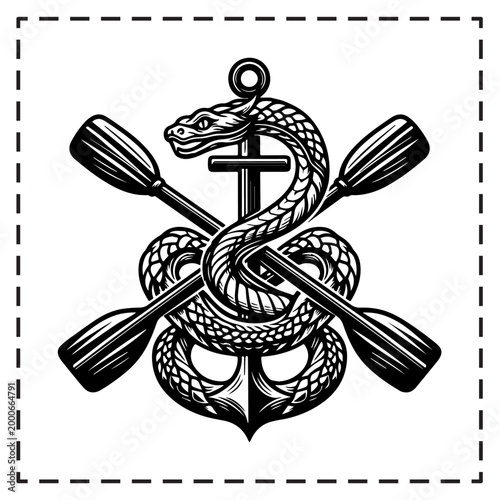 Vintage Nautical Emblem with Snake, Anchor, and Oars