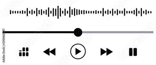 Audio video player control bar icon set, vector illustration of media interface buttons including play pause stop rewind fast forward volume and progress controls for web applications, mobile apps, 