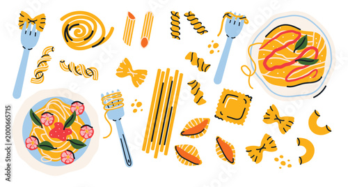 Trendy vector set of Italian pasta types in hand drawn flat style. Spaghetti, fusilli, farfalle, ravioli and more with forks and plates. Perfect for food design, menus, packaging, posters