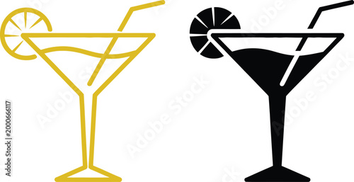 Martini glasses with lemon and black ice garnishes in contrasting styles