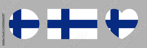 Finland national flag round, rectangular, heart icon, sticker set. Finland flag circle, rectangle, heart badge, background. Flag of Finland button, banner. National sign.