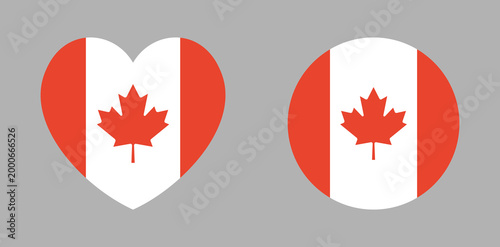 Canada flag. Canadian flag heart, round icon, sticker set. National flag of Canadian background, banner. Circle, heart flag of Canada badge, button.