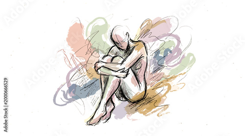 Artistic depiction of a person in a fetal position, surrounded by abstract watercolor splashes, symbolizing introspection and emotional vulnerability