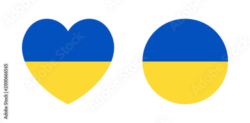 Round, heart Ukrainian flag icon, sticker set. Flag of Ukraine heart, circle badge, button, banner, background. National symbol of Ukraine.