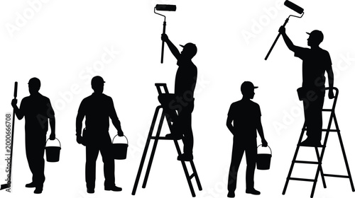Professional painter worker silhouettes set, house painting service icons, ladder roller bucket cleaner contractor renovation maintenance vector collection