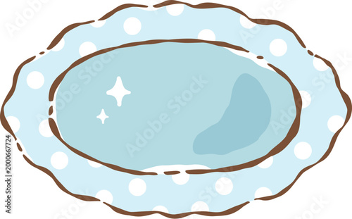 Blue plate with polka dot border, light blue dish for serving food on table