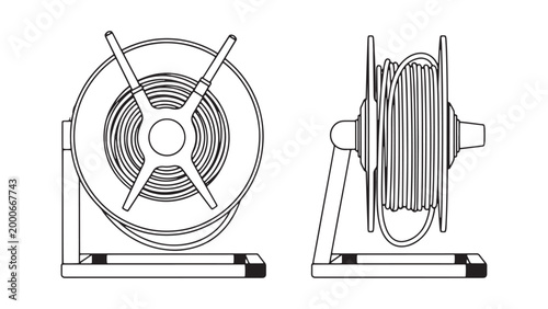 Industrial cable or hose reel with winding wire on sturdy stand, detailed line art vector illustration isolated on white background.