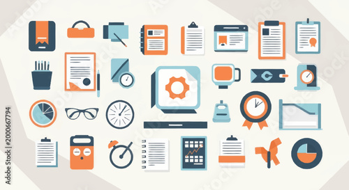 Collection of Office Supplies and Business Icons.