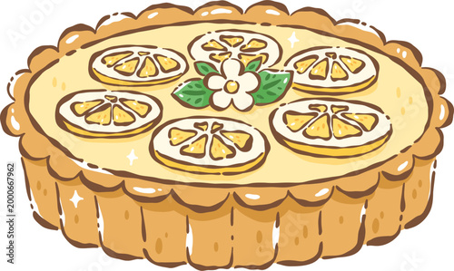 Lemon tart dessert with citrus slice and cream filling on golden crust