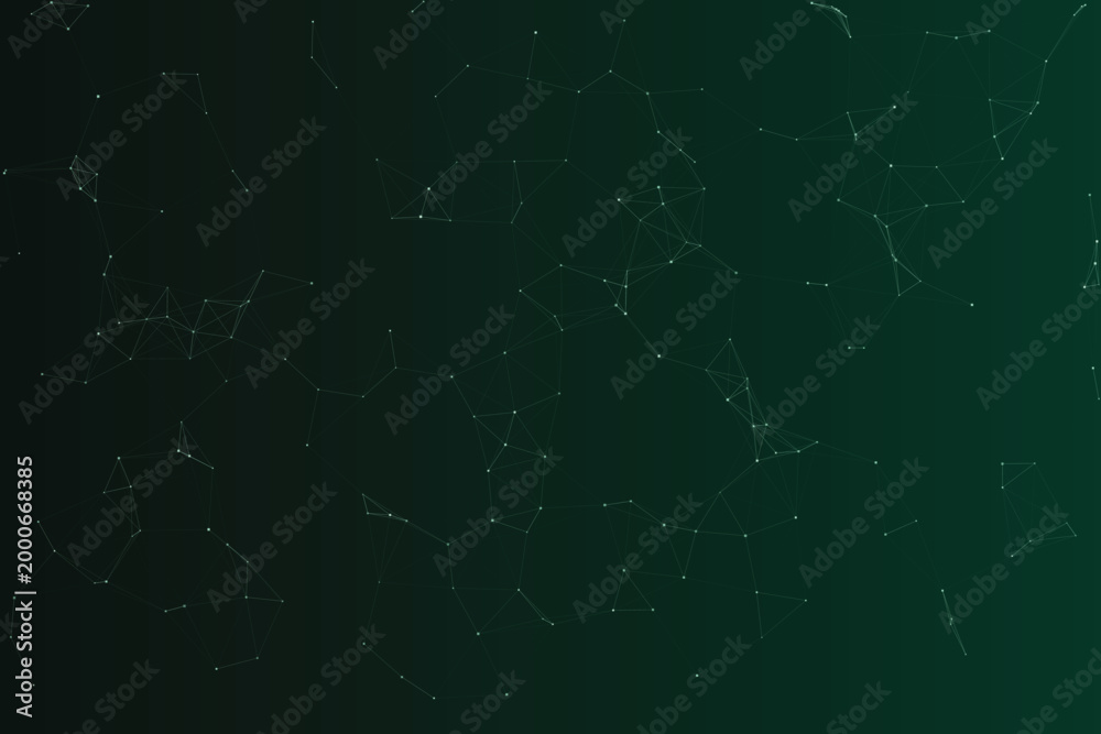 Fototapeta premium Abstract network of interconnected white nodes and lines on dark teal gradient background technology