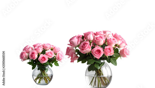 A beautiful floral arrangement of pink roses in a vase, displayed against a white background.