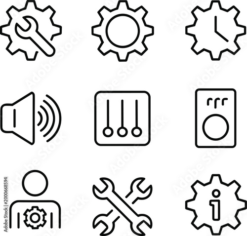Minimal settings and audio control line icon set with gear tools equalizer sound and system symbols