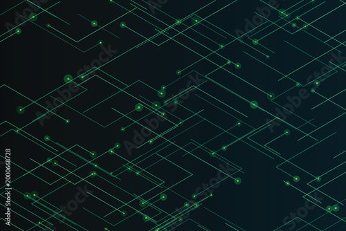 Abstract network of intersecting green lines and nodes on dark background, technology data