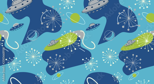 A mid century seamless vector pattern featuring various whimsical spaceship designs flying amidst fireworks on a bright blue background with a joyful nighttime scene.