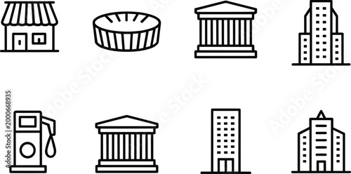Minimal building and infrastructure line icon set with shop bank fuel station and city architecture symbols