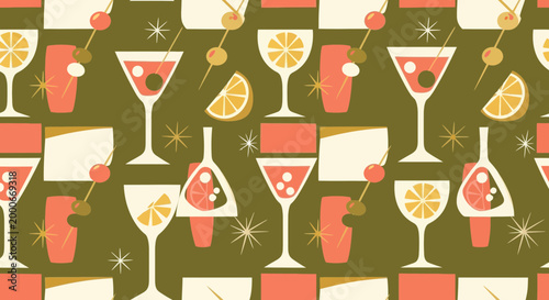 Mid century seamless pattern of vector cocktail glasses and drinks with fruits