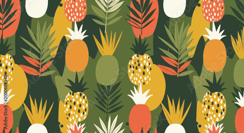 A mid-century seamless pattern of pineapples and leaves in a vector illustration for a tropical design.