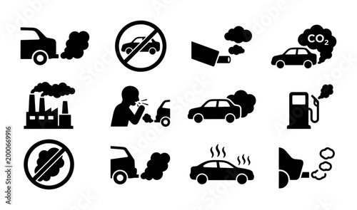 Bild auf Leinwand Air pollution icon set with 12 vector elements, car exhaust and carbon dioxide e