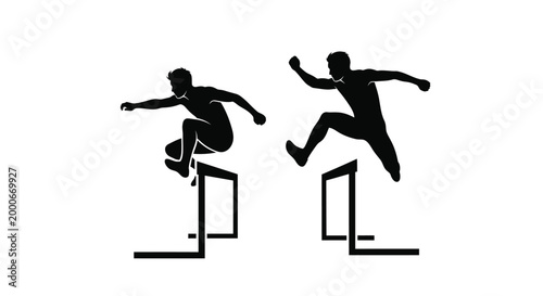 Dynamic illustration of athletes in silhouette jumping over hurdles during a track and field race on white background