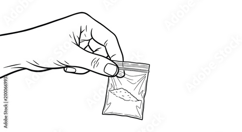 Hand holding a small clear plastic bag containing powder in vector illustration on white background