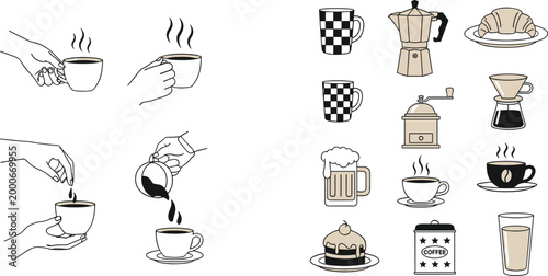 Coffee Culture Vector Icon Set Featuring Hands Holding Mugs, Brewing Equipment, Grinders, Pastries, and Espresso Cups for Cafe Branding and Morning Breakfast Designs