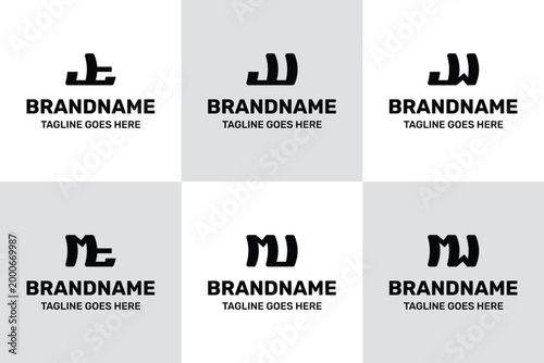 Letters JT JU JW MT MU MW Monogram Slant Logo Set