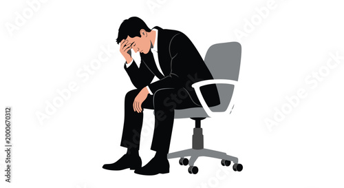 Stressed businessman sitting in an office chair feeling exhausted and depressed on white background