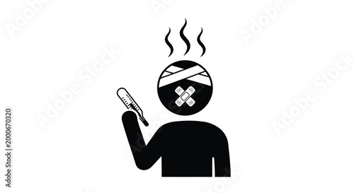 Sick person icon holding a thermometer in a flat vector design on white background