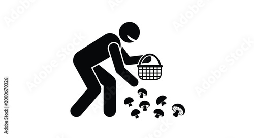 Stick figure person collecting fresh mushrooms in a basket graphic illustration on white background