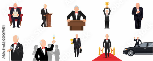Formal Tuxedo Attire Gentleman Celebrating Award Ceremony and Public Speaking Occasions Icon Set