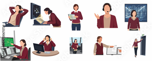 Flat Design Illustration Set of a Professional Woman Working in a Control Center Environment