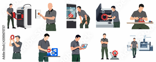 Flat Design Collection of People Working with 3D Printer and Mechanical Components