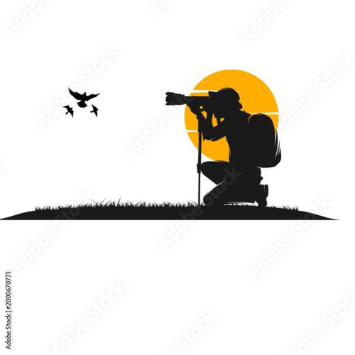 Photographer Taking Photos of Birds at Sunset Silhouette