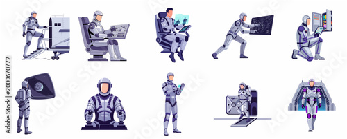 Futuristic Astronaut Character Set Performing Various Activities on Spaceship Interior Scenes