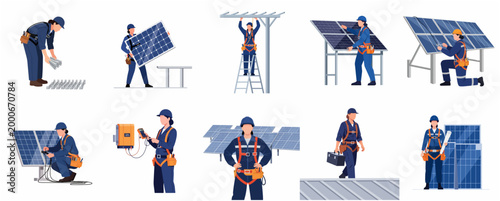 Collection of Illustrated Scenes Depicting Solar Panel Installation Process and Maintenance