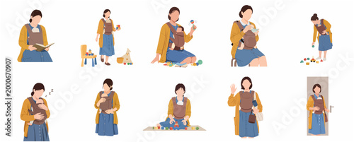Flat Style Illustration of a Mother Caring for Her Baby in Various Daily Activities
