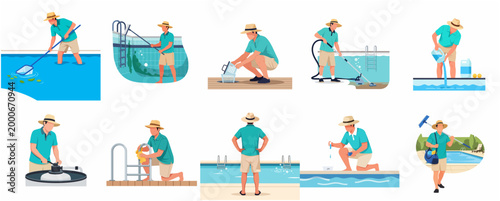 Flat Design Collection of a Person Performing Various Pool Maintenance Tasks and Procedures